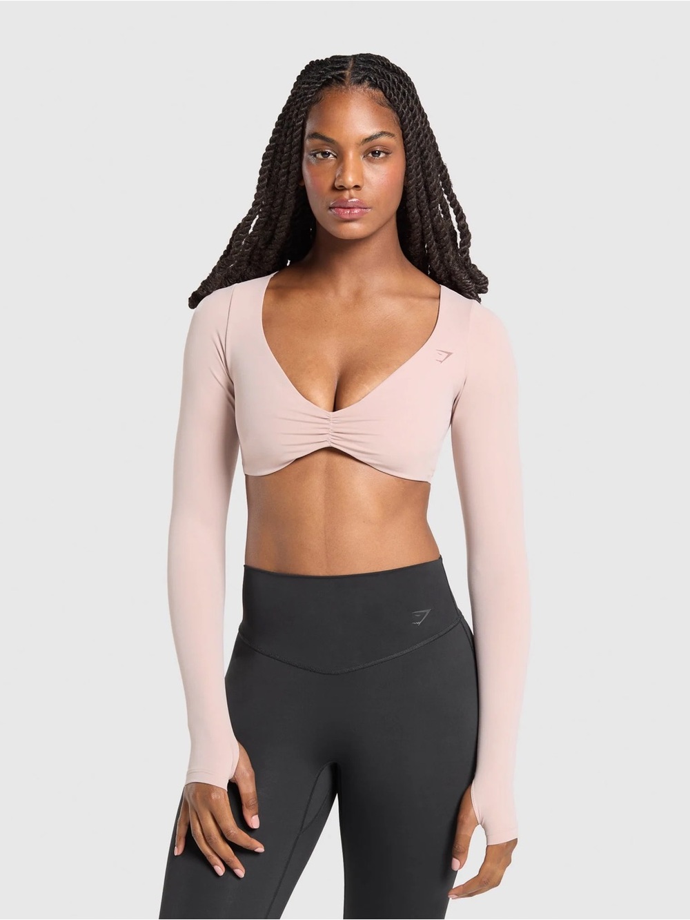 Gymshark Long Sleeve Twist-Front Crop Top in Light Blush